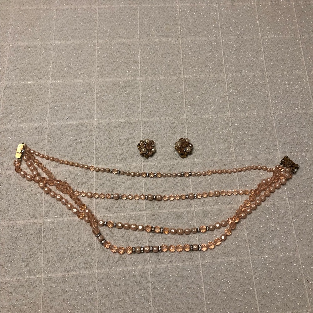 Ca. 1950s Pink multi-strand necklace and clip on earrings set